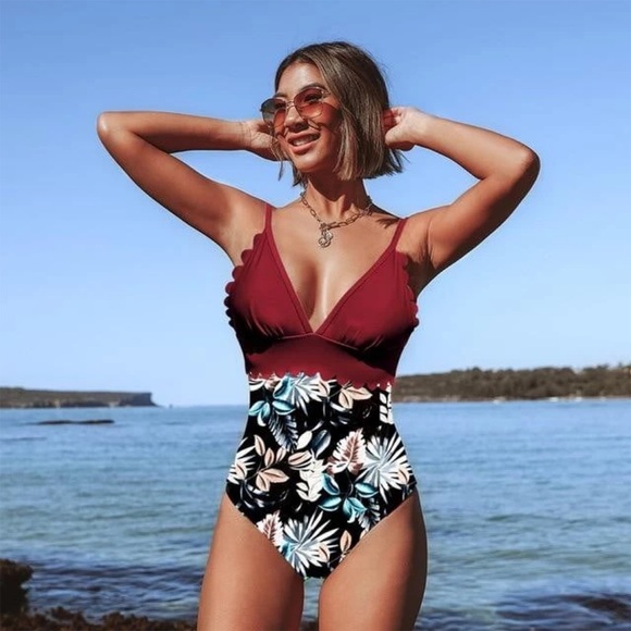 Other - Sexy Ruffled Low Cut Red Tropical Push Up Swimsuit
